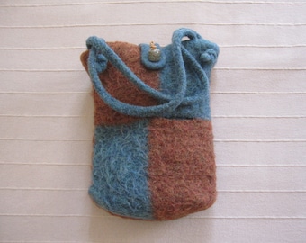 Brown and Teal Checkerboard Knit Felted Bag