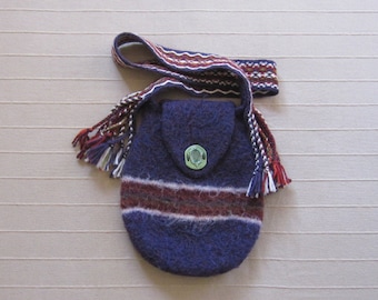 Indigo Knit Felted Shoulder Bag, Card Woven Strap with Wave Pattern