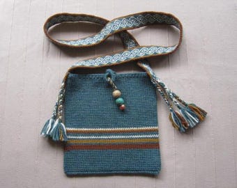 Teal Crocheted Wool Shoulder Bag with Card Woven Strap