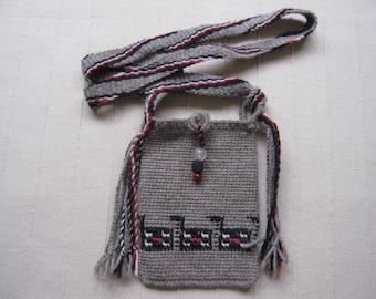 Small Grayish Brown Crocheted Wool Bag with Finger Woven Strap, Cross Body Phone & Wallet Bag