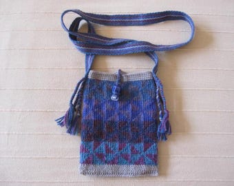Small Blue Knitted Wool Bag with Woven Strap, Cross Body Phone & Wallet Bag
