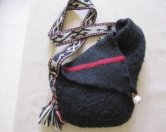 Black Knit Felted Shoulder Bag with Card Woven Strap