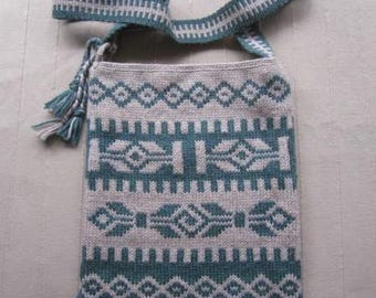 Beige and Teal Wool Knitted Shoulder Bag, Wool Bag with Ethnic Pattern