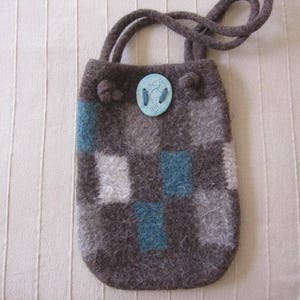 Gray and Teal Knit Felted Handbag, Checkered Wool Bag with Seahorse Ceramic Focal Point, Casual Knit Felted Shoulder Bag