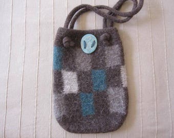 Gray and Teal Knit Felted Handbag, Checkered Wool Bag with Seahorse Ceramic Focal Point