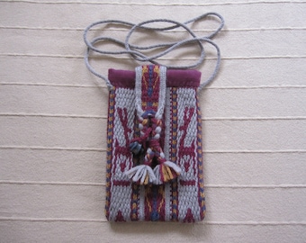 Small Gray and Plum Card Woven Purse, Woven Wool Cross Body Bag with Geometric Pattern, Phone & Wallet Bag with Ethnic Stag Design