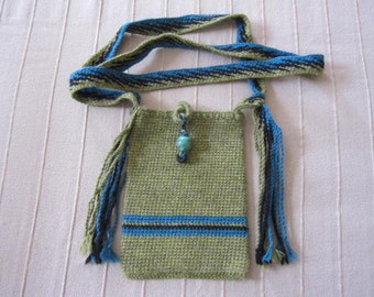 Small Green Crocheted Wool Bag With Finger Woven Strap, Cross Body Phone & Wallet Bag