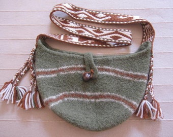 Green Knit Felted Shoulder Bag with Card Woven Strap