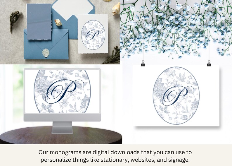 Floral Monogram Initial Wedding Logo Premade Logo Design Navy Blue