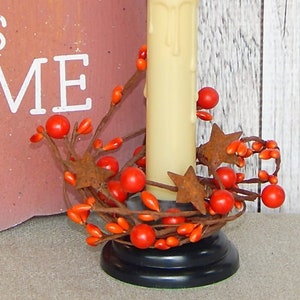 Orange Berry Ring, Orange Candle Ring w/Rusty Stars, Fall Candle Ring, Halloween Decor, Floral Accents, Candle Crafts, Craft Supplies