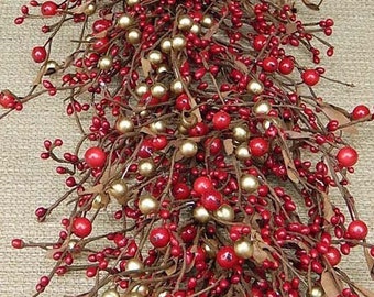 Christmas Garland, Red & Gold Garland, Berry Garland, Anniversary Garland, Holiday Garland, Metallic Gold, Christmas Wreath, Wreath Making