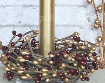 Metallic Gold & Burgundy Berry Mini Candle Ring: Holiday Wreath