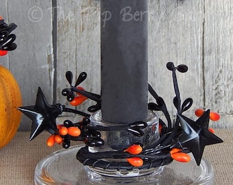 Halloween Pip Berry Taper Ring: Orange & Black with Stars 1.5"