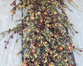 Mixed Berry Garland: Barn Red, Sage & Tan, Rustic Home Decor (53")