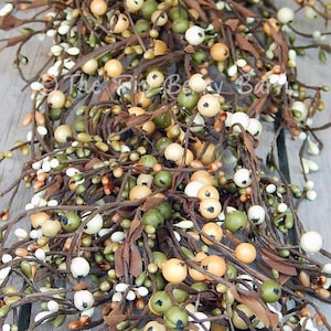 Berry Garland, Light Orange, Green & Cream Mixed Berry Garland, Fall Garland, Primitive Garland, Autumn Garland, Wreath Making