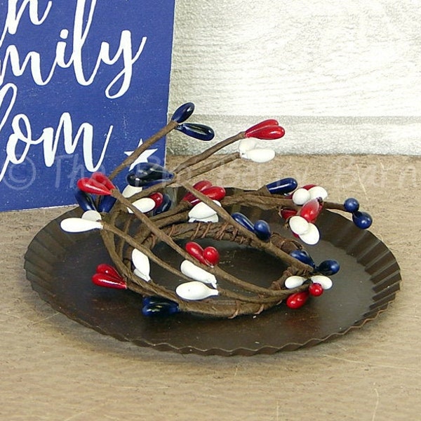 Red White Blue Taper Ring, Berry Taper Ring, Red White Blue Mini Candle Ring, 4th of July Decor, Mini Wreath, Craft Supply