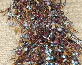 Brown, Blue & Burgundy Mixed Berry Garland, Primitive Decor, Country Wreath, Wreath Making, Pip Berry