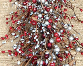 Red, Silver & Grey Berry Garland, Mixed Berry Garland, Holiday Garland, Metallic Silver, Wreath Making, Holiday Swags