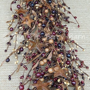 Mulberry Mixed Berry Garland with Rusty Stars, Fall Garland, Pip Berry Garland, Primitive Garland, Wreaths and Swags