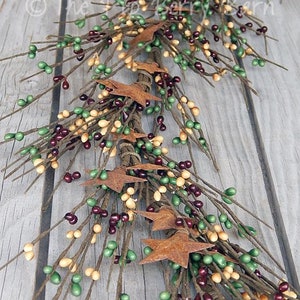 Pip Berry Garland: Burgundy, Mustard & Green with Rusty Stars (58")