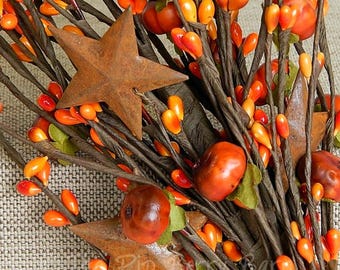 Fall Pumpkin Berry Spray with Rusty Stars: Autumn Floral Pick