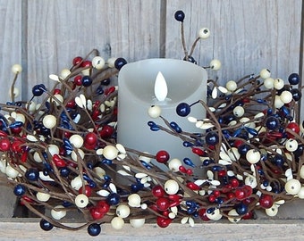 Patriotic Wreath, Candle Ring, Berry Wreath, Americana Candle Wreath, 4th of July Decor, Floral Accents, Floral Supplies, Candle Crafts