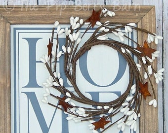 White Pip Berry Candle Ring with Rusty Stars: Mini Wreath (2.5")