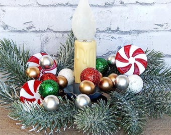 Holiday Candle Ring: Decorated Peppermint & Pine (2.5” inner)