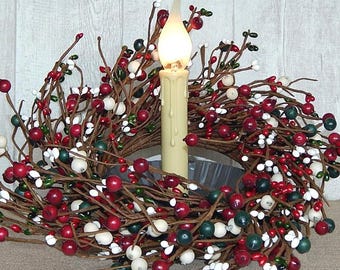 Holiday Candle Wreath: Red, Green & White Mix Berry Ring