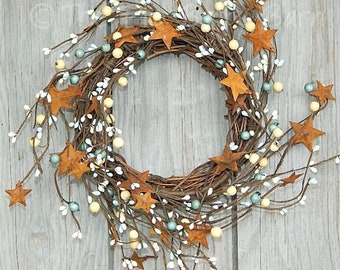 Blue & Cream Berry Wreath, Candle Wreath, Farmhouse Wreath, Berry Candle Ring, Rustic Home Decor