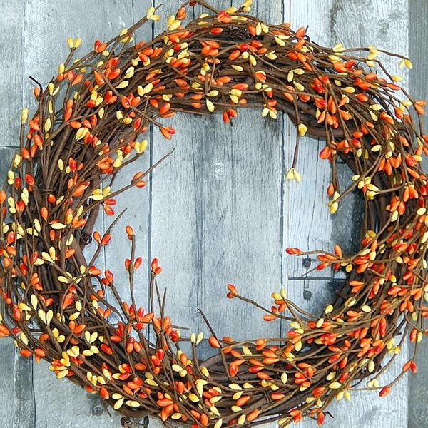 Orange & Yellow Pip Berry Fall Wreath: Grapevine Halloween Decor