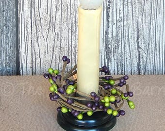Adjustable Berry Taper Candle Ring: Aubergine & Green Pip Floral Accent