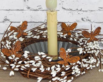 White Berry Candle Ring with Rustic Butterflies - Farmhouse Wreath