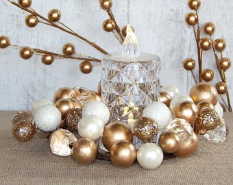 Gold Beaded Candle Ring: Elegant Holiday Table Decor, 3 Inch