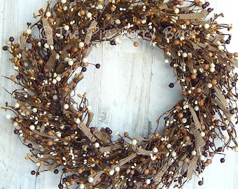 Rustic Berry Wreath: Brown Berries & Burlap Wreath 19”, Farmhouse, Primitive Home Decor, Artificial Flowers