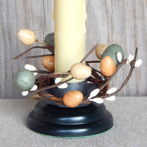 Easter Egg Candle Ring, Easter Egg Berry Ring, Primitive Easter Egg Decor, Easter Taper Ring, Easter Crafts, Floral Accents, Candle Crafts