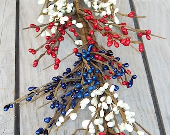 Red, Navy & Cream Berry Garland: Americana Country Decor