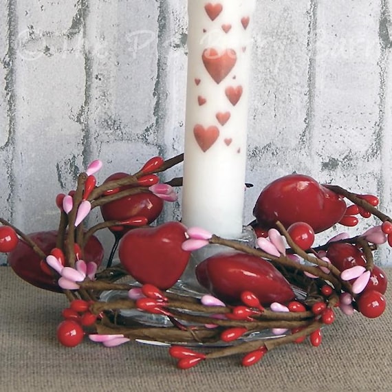 Maysing 6 Pcs Valentine Candle Rings - Pink Yellow Blue Heart & Berry Mini Wreaths, 9.5 Inch Wide, For Table Centerpieces - View #8