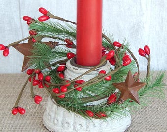 Christmas Candle Ring: Mini Pine & Red Berry w/Rusty Stars (1.5" Inner)