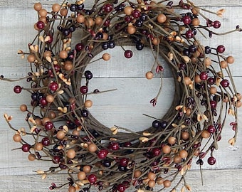 Mulberry Candle Wreath: Rustic Primitive Decor, Artificial Berries, Floral Design