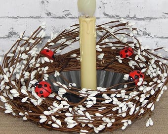 White Berry Candle Ring Wreath with Ladybugs: Farmhouse Decor