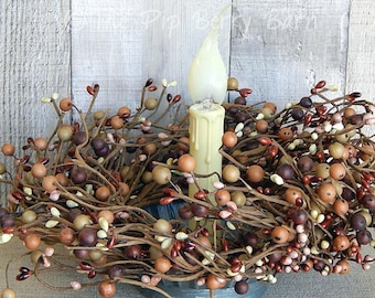 Rustic Candle Wreath: Barn Red Sage & Tan Berry Ring Wreath, Primitive Centerpiece Making