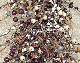 Primitive Berry Garland: Charcoal, Burgundy & Cream - 53" Rustic Wreath Supply
