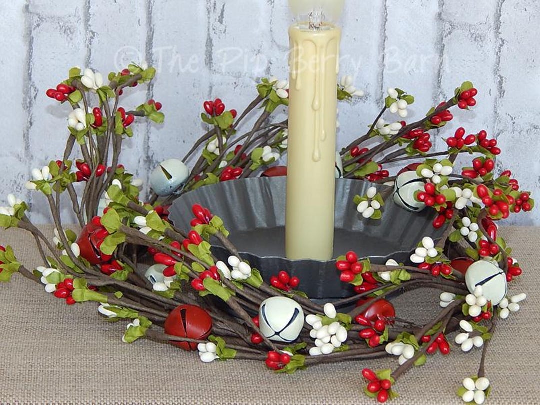 Red Candle Rings Christmas Candle Ring: Red & White Berries and Bells, Holiday Decor (6. ...