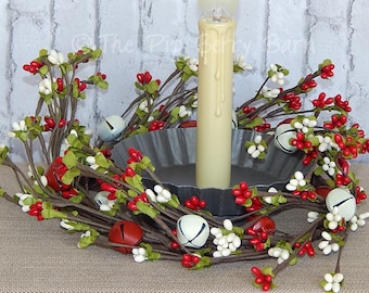 Christmas Candle Ring: Red & White Berries and Bells, Holiday Decor (6.5" Inner Rim