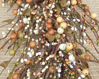 Green, Cream Mustard Mix - Mixed Berry Garland, Fall Garland, Pip Berry Garland, Primitive Garland, Wreath Making & Supplies