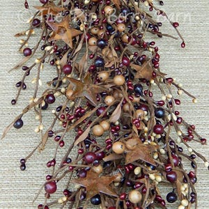 Mulberry Berry Garland with Rusty Stars, 53" Primitive Fall Decor