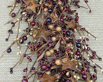 Mulberry Berry Garland with Rusty Stars, 53" Primitive Fall Decor