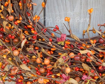 Fall Berry Wreath, Orange Berry Wreath w/Parchment Flowers, Autumn Pip Berry Wreath, Fall Floral