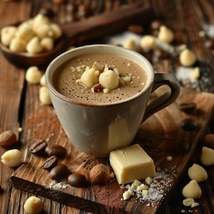 May include: A close-up of a cup of hot chocolate topped with white chocolate pieces. The cup is sitting on a wooden surface with white chocolate pieces, coffee beans, and a white chocolate bar.